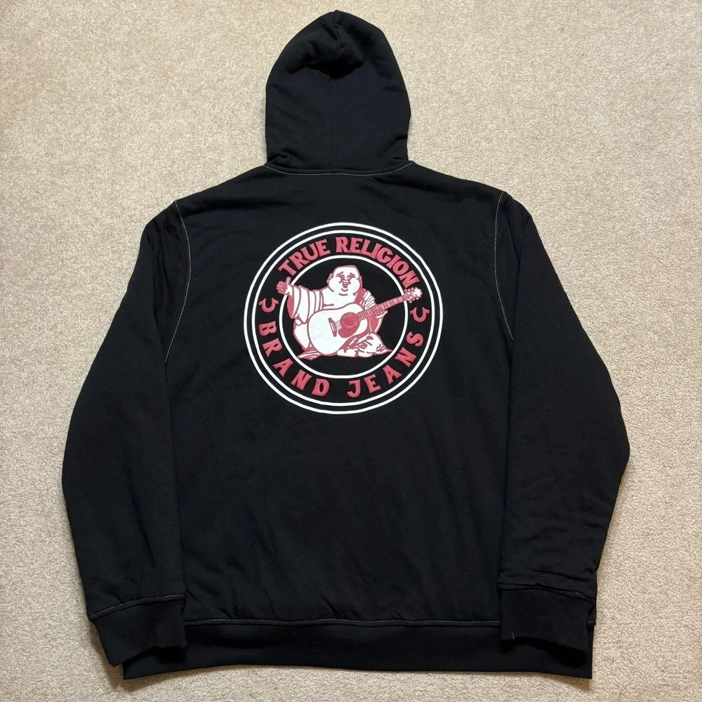 True Religion Hoodie Sweatshirt Mens 3XL Black Logo Seal Sherpa Full Zip Buddha